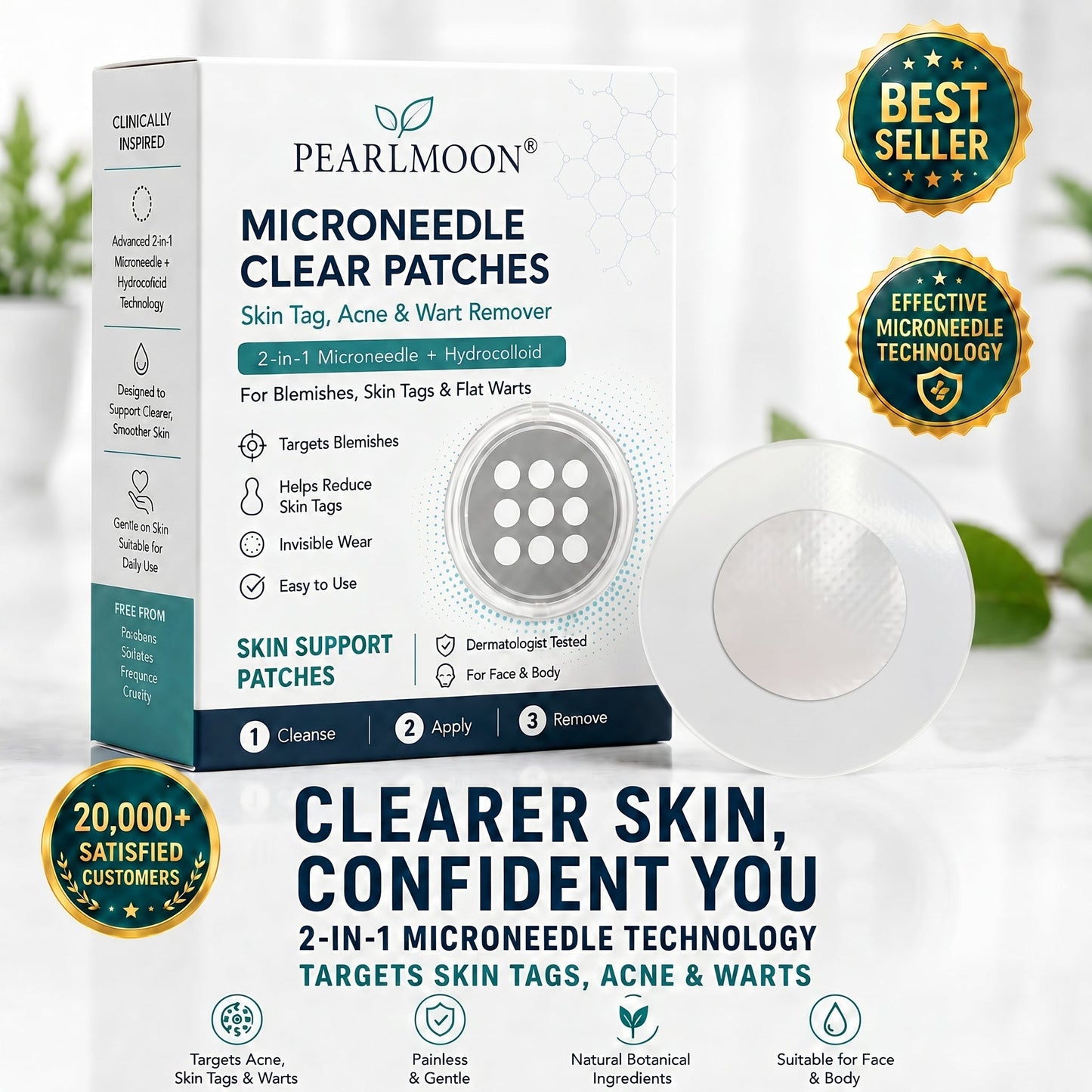 ✨✨𝐏𝑬𝗔𝙍𝙇𝐌𝑶𝗢𝙉®2-in-1 Microneedle & Hydrocolloid Patch🍀| Removes Raised Moles, Acne, Flat Warts & Skin Tags | Helps Improve Wrinkles, Scars & Blemishes | Invisible Patches for Face & Body